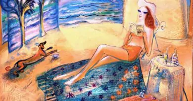 Lecture à la plage, 2023, Huile sur toile, 38×46 cm (15×18,1in). ©François Ruiss…