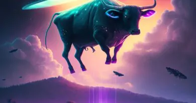 “Who says cows can’t fly? This psychedelic bovine is taking a ride on a neon UFO…